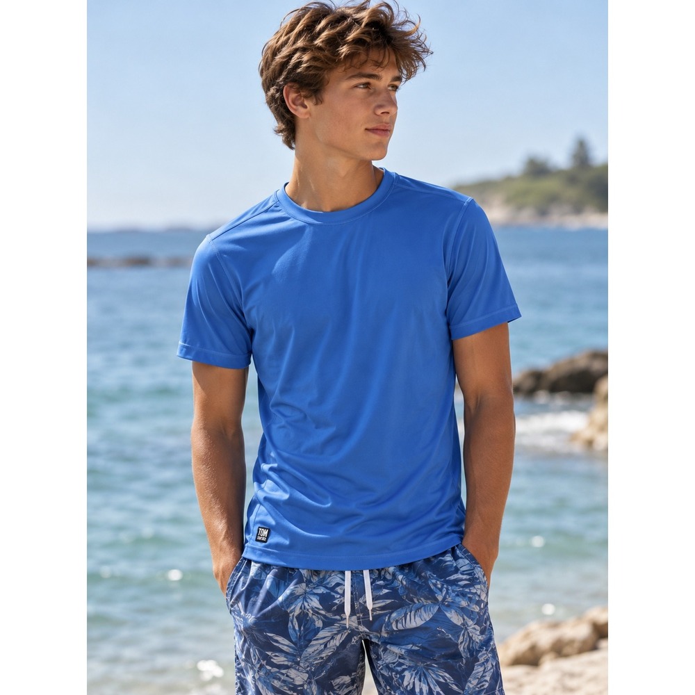 Tom & Teddy Rash Guard Swim Shirt Blue Short Sleeve Solid Size Medium